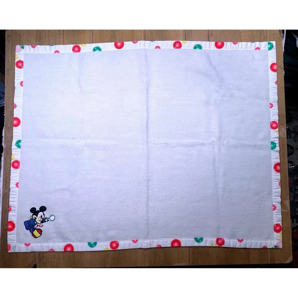 Vintage Disney Mickey Mouse Bubbles Baby Blanket Polka Dot Trim White USA Made